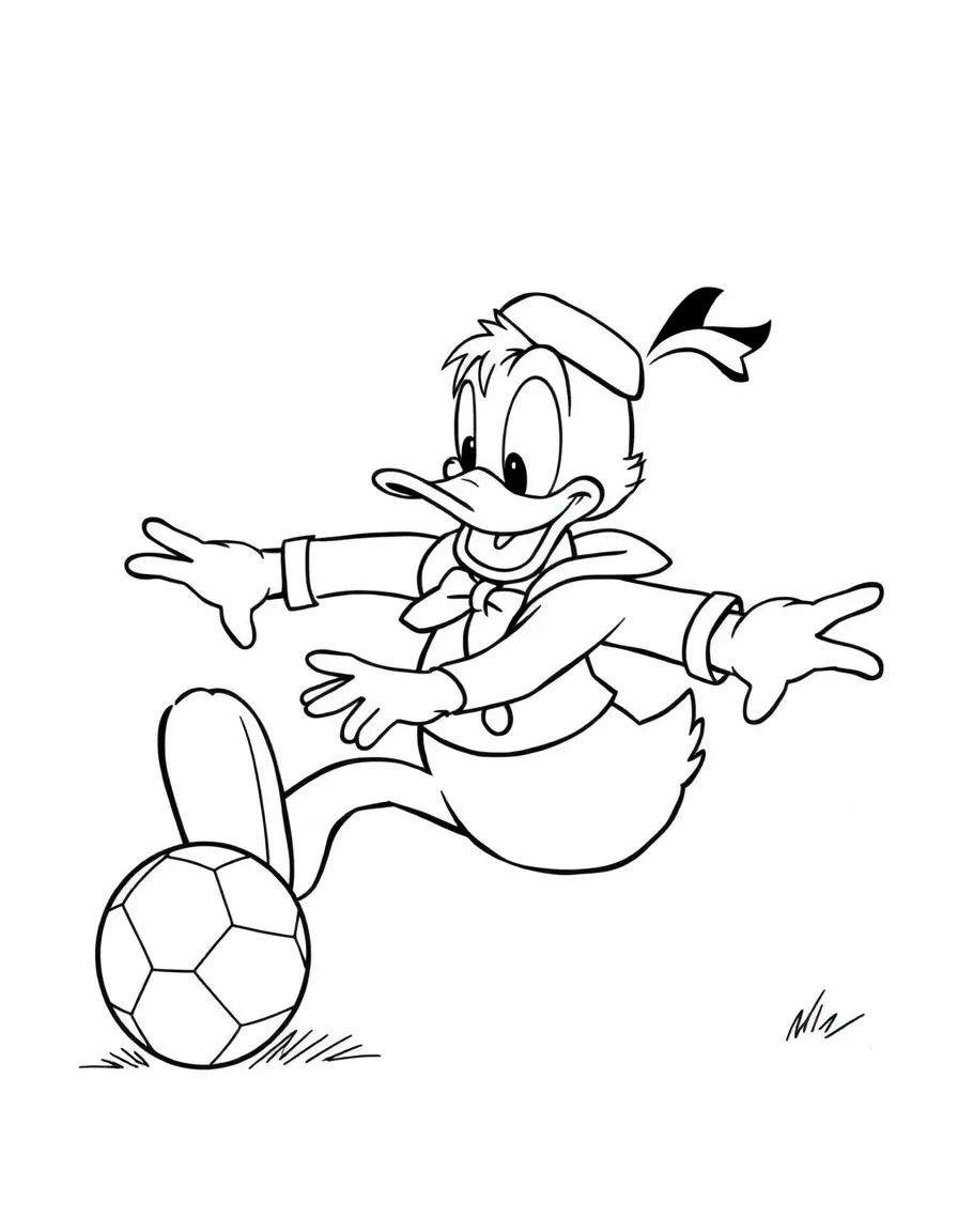 Donald Duck trying to play soccer, missing the ball.