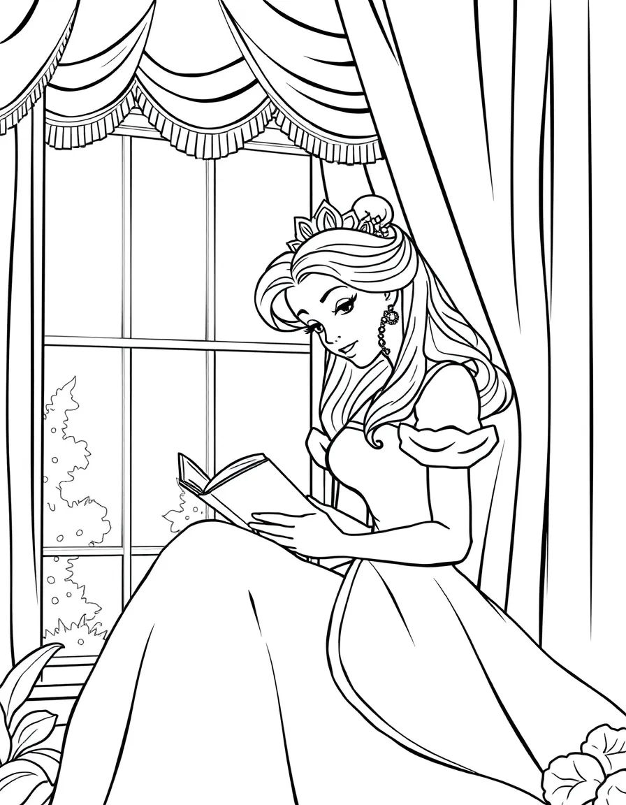 Belle reading a book by the window, with sunlight streaming in.