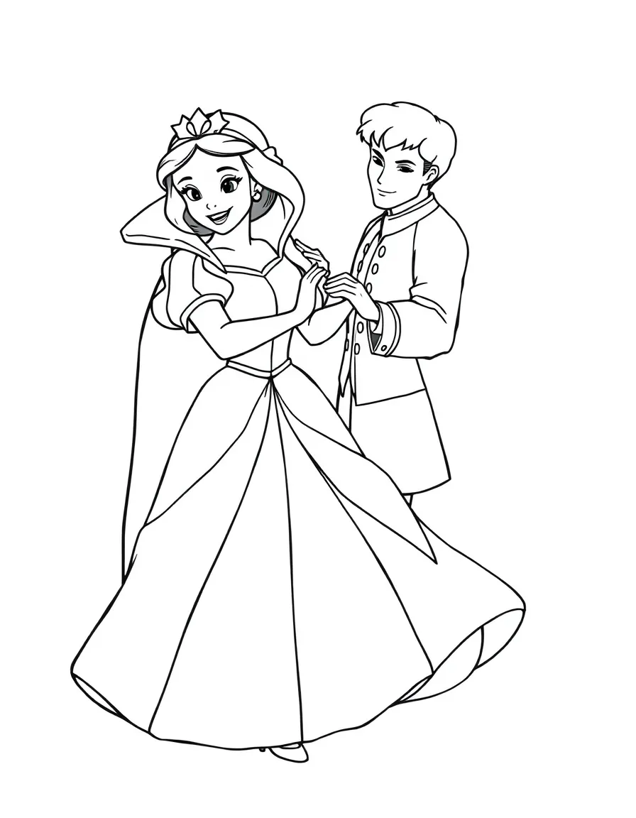 Snow White dancing with the Prince, looking happy.