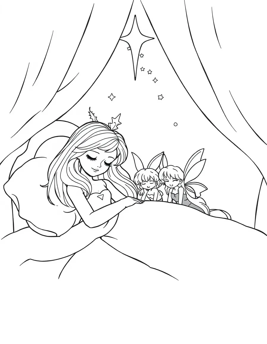 Aurora sleeping peacefully in her bed, with the three fairies.