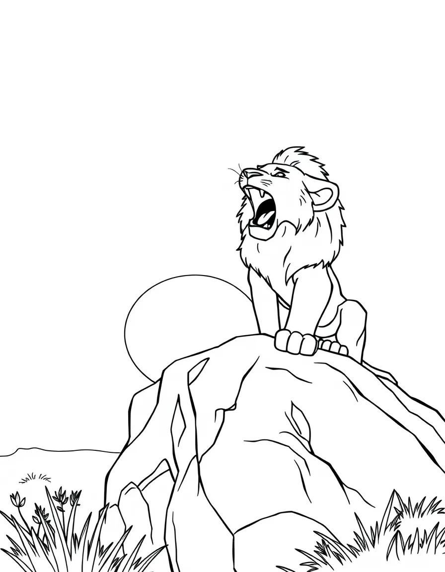 Simba roaring on Pride Rock, with the sun setting.