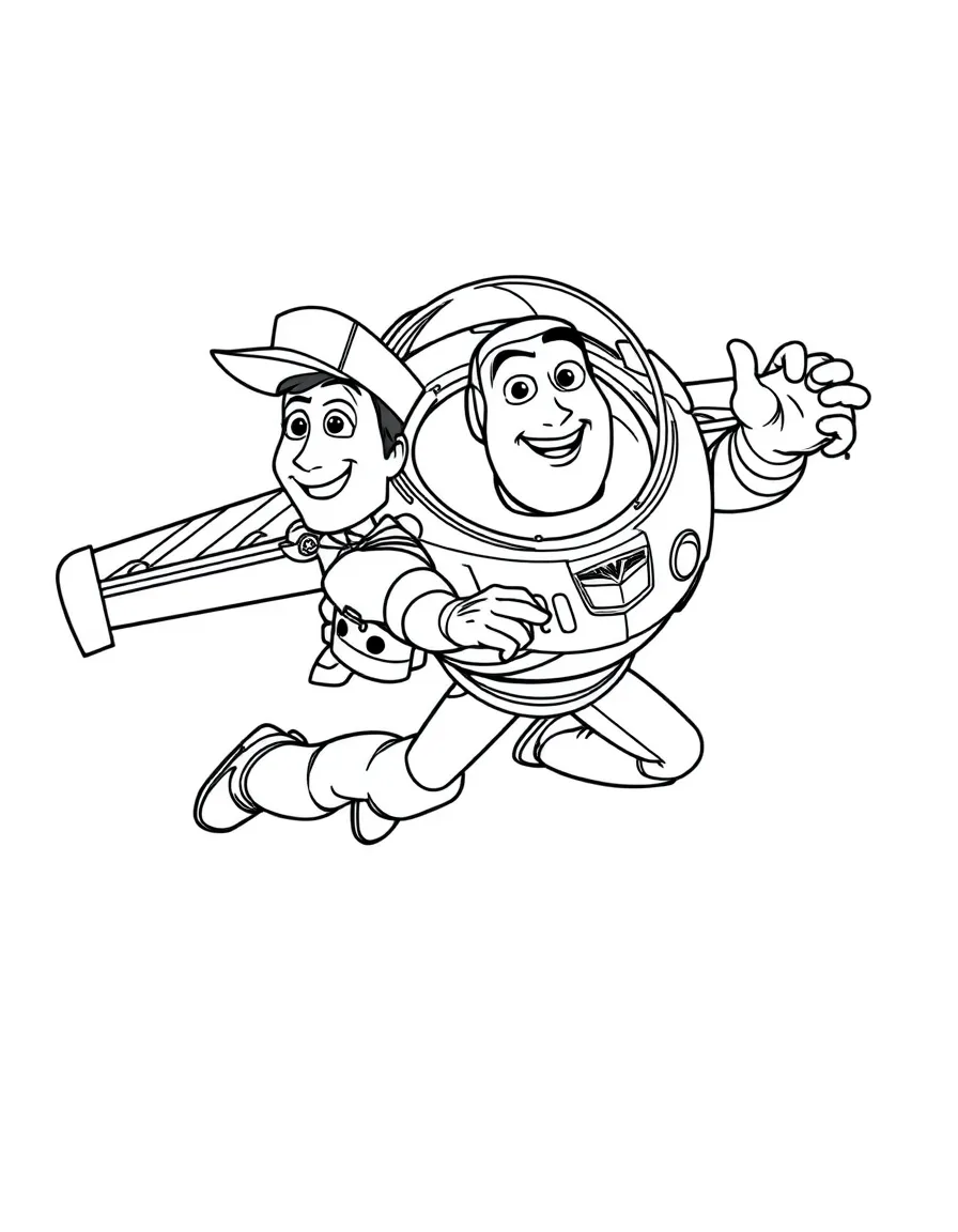 Woody and Buzz flying through the air, with a big smile.