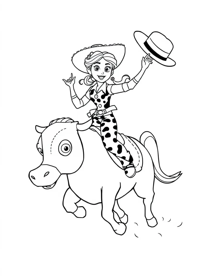 Jessie riding Bullseye, with her hat flying off.
