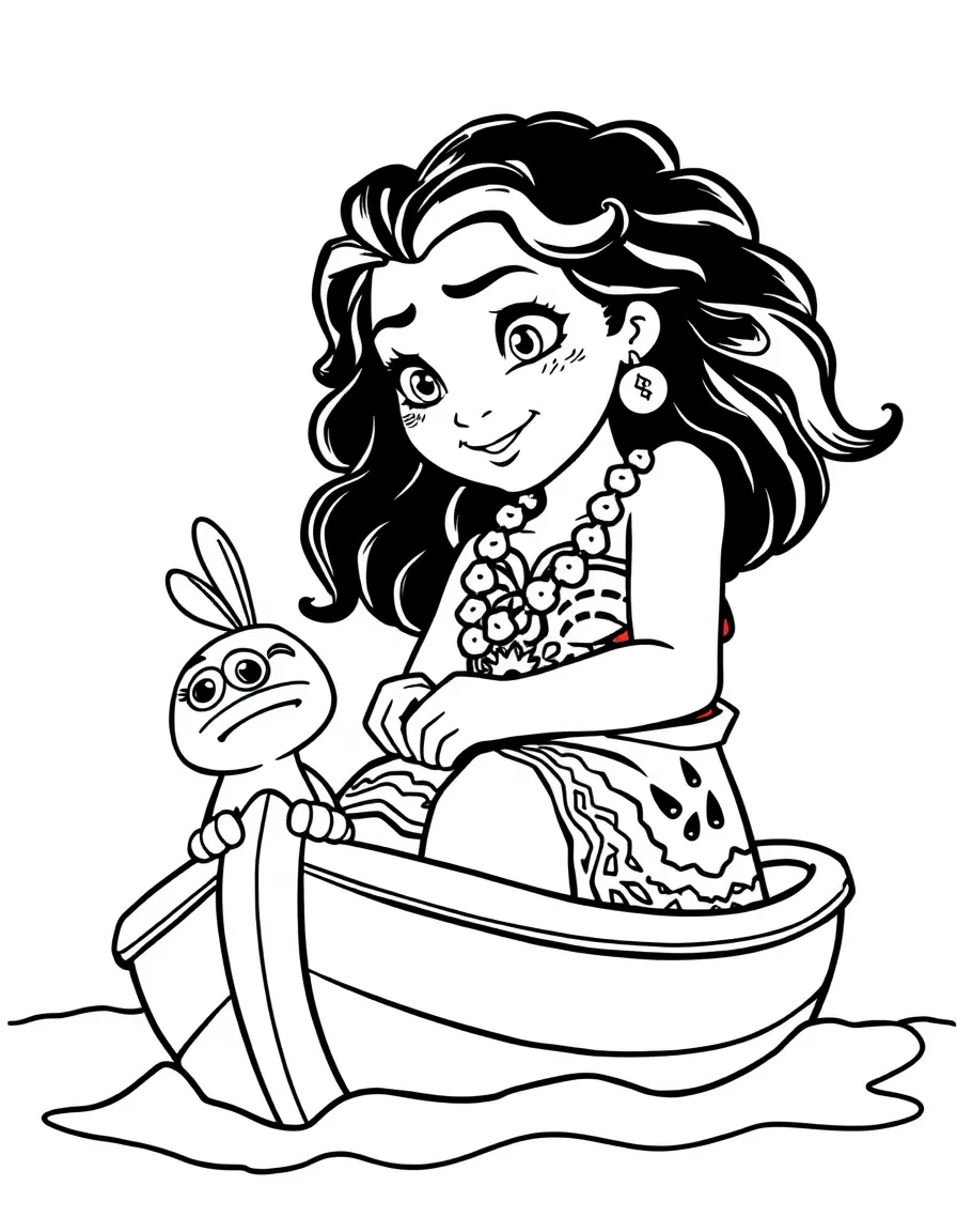 Moana sailing her boat, with Heihei looking confused.