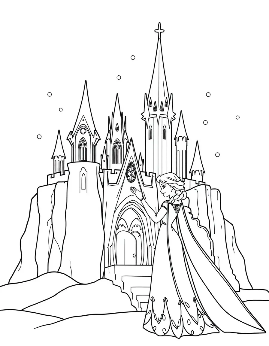Elsa building a beautiful ice castle, with snowflakes falling.