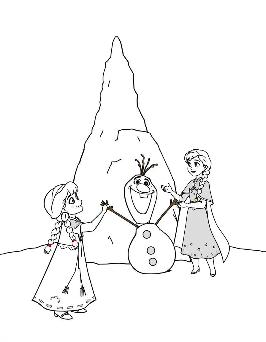 Anna and Olaf making a giant snow sculpture.