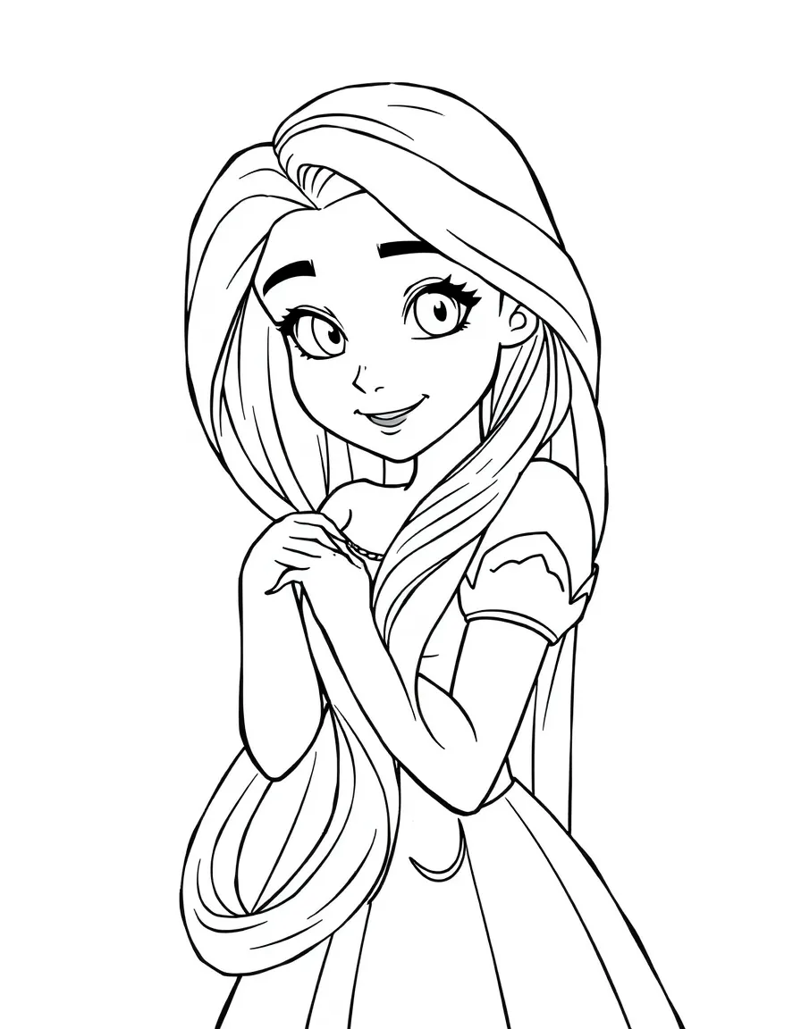 Rapunzel letting down her hair, with a gentle smile.