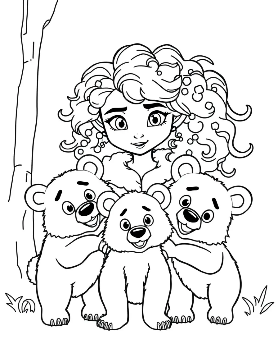 Merida with her three bear cub brothers, looking mischievous.