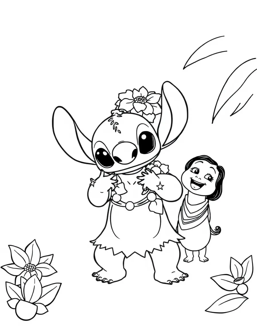 Lilo and Stitch doing the hula, with Nani watching.