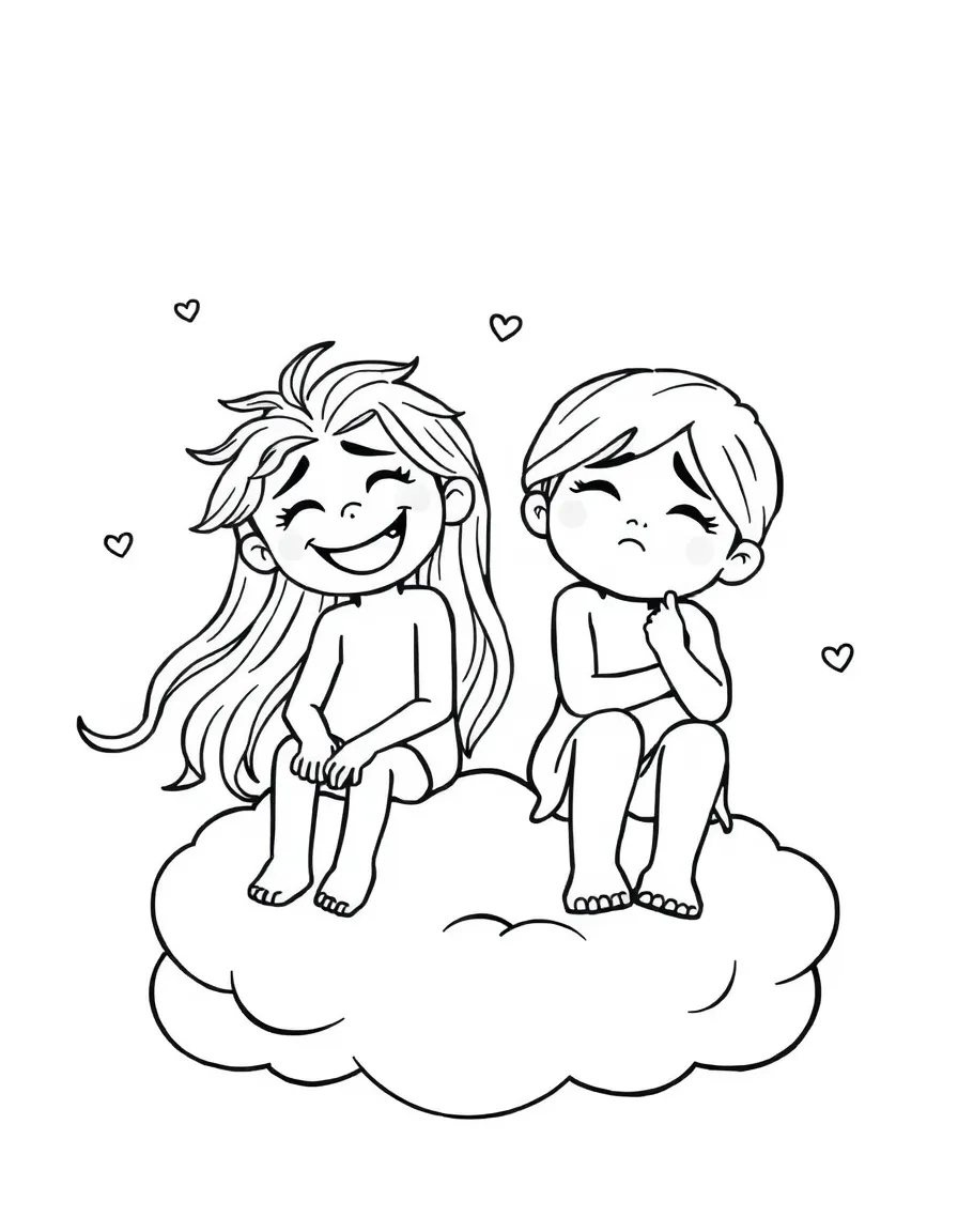 Joy and Sadness sitting on a cloud, looking at the world.
