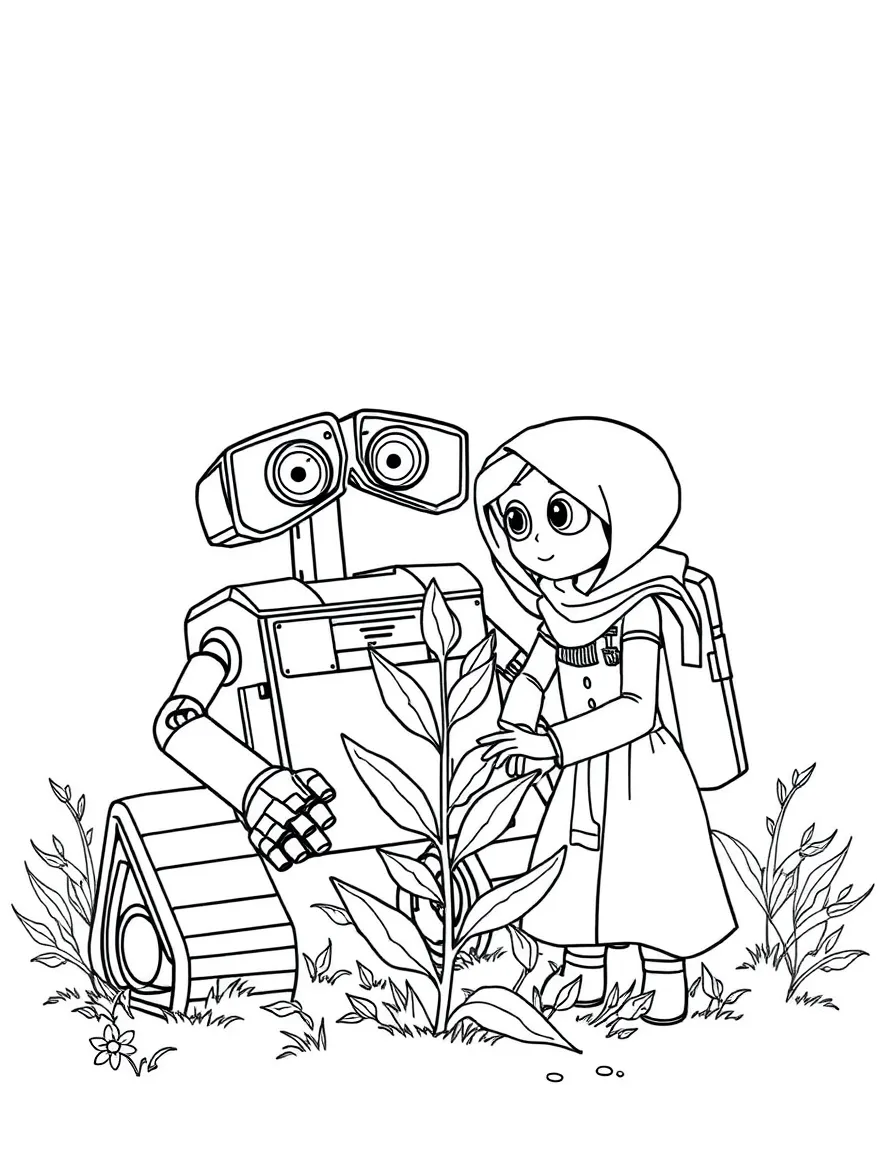 WALL-E and EVE looking at a plant.