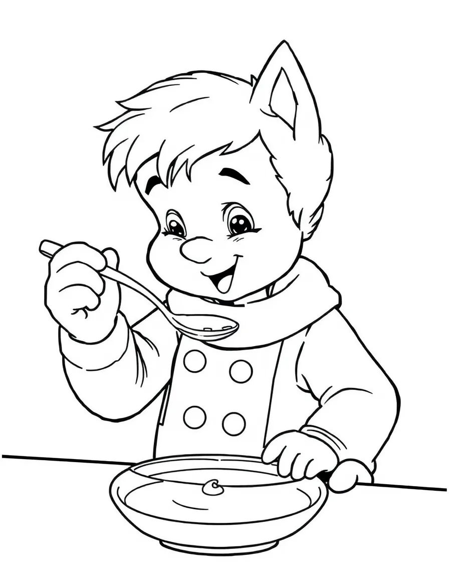 Remy holding a tiny spoon, tasting a sauce.