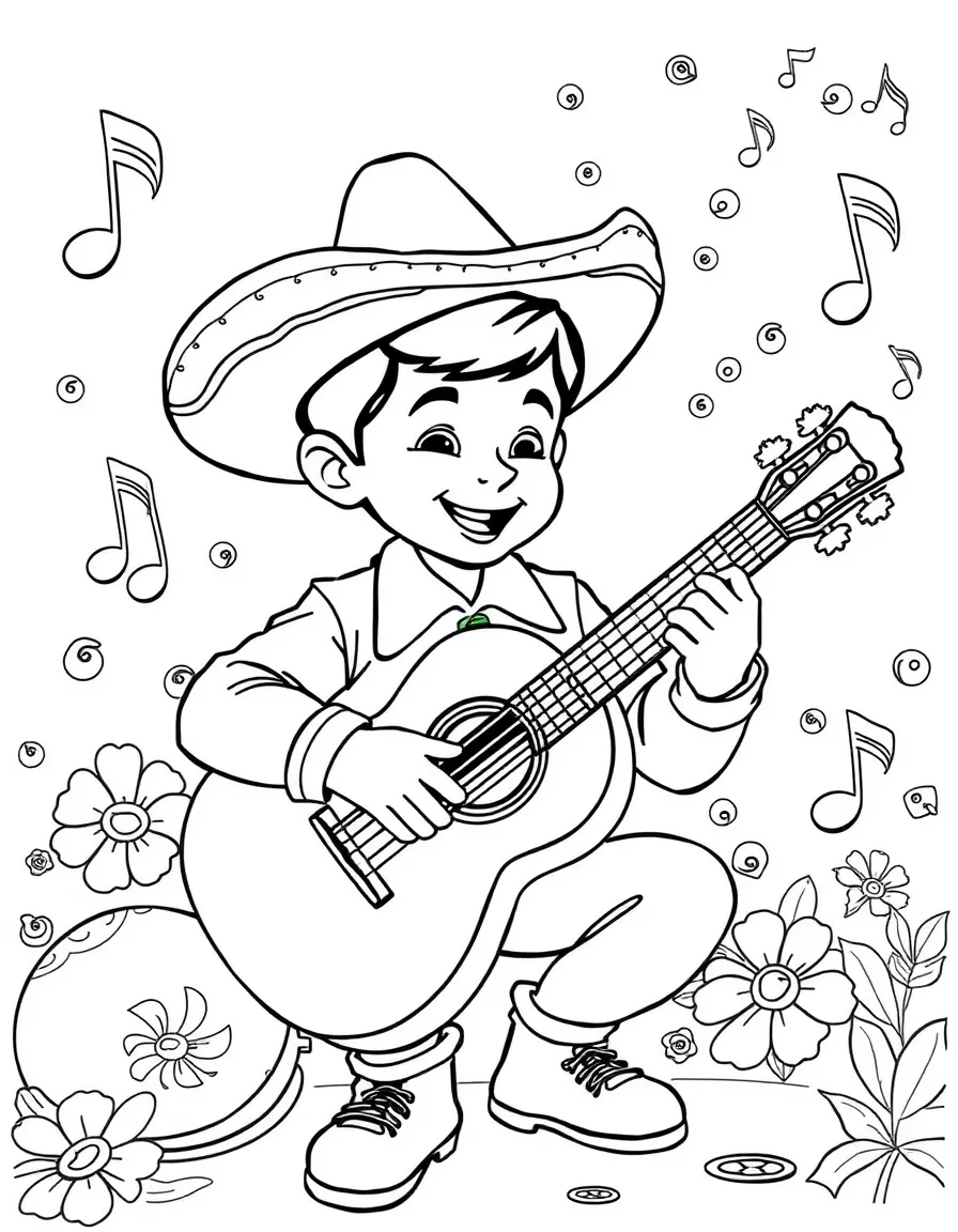 Miguel playing his guitar, with a vibrant, musical background.