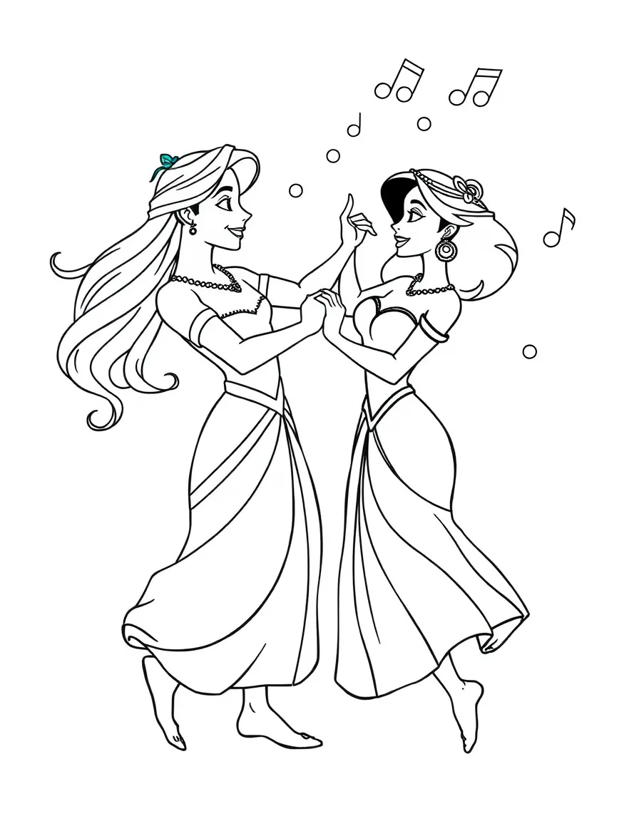 Tiana and Naveen dancing as humans, with music notes floating.