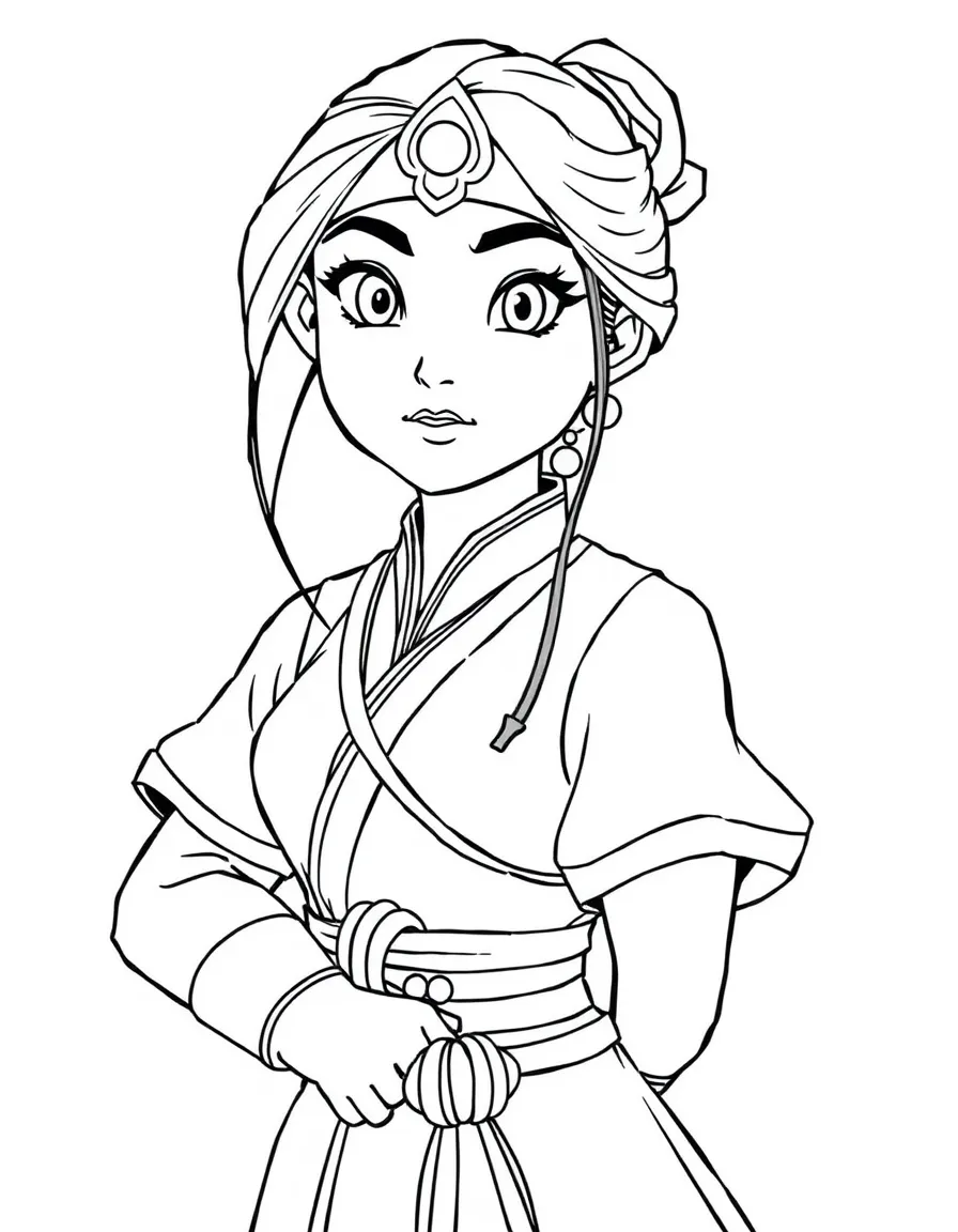 Mulan in her warrior outfit, with a brave expression.