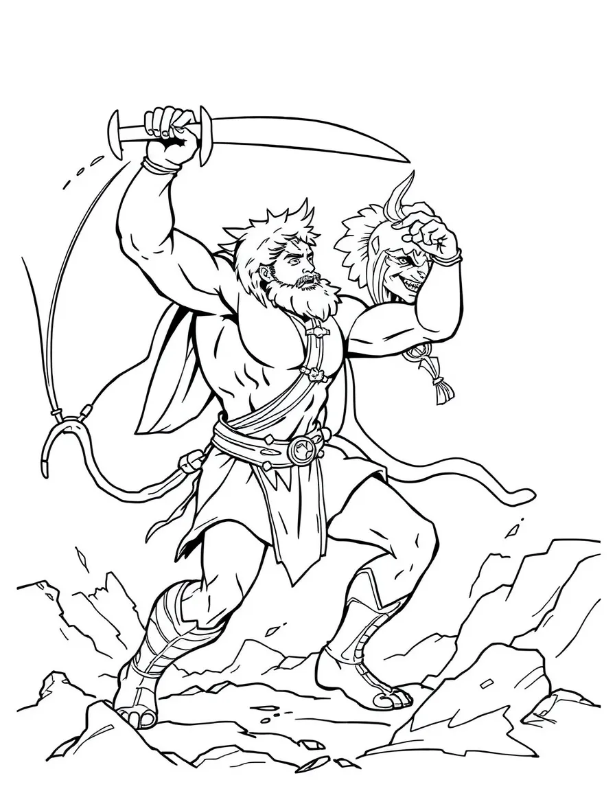 Hercules fighting a monster with his sword.