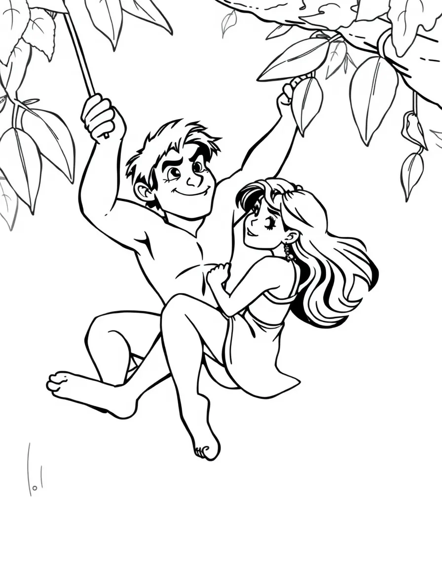 Tarzan swinging with Jane, looking at the view.