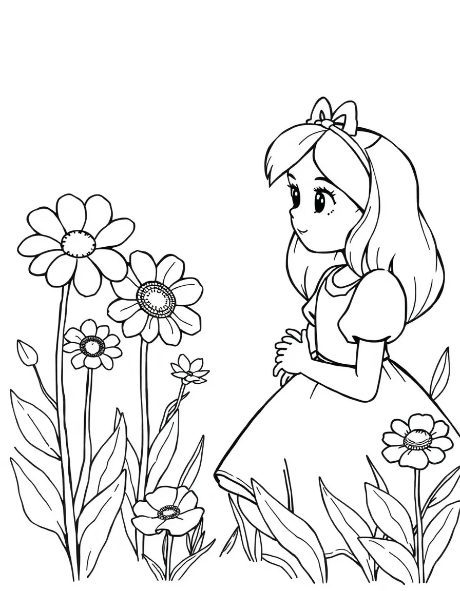 Alice talking to the talking flowers, with curious expressions.
