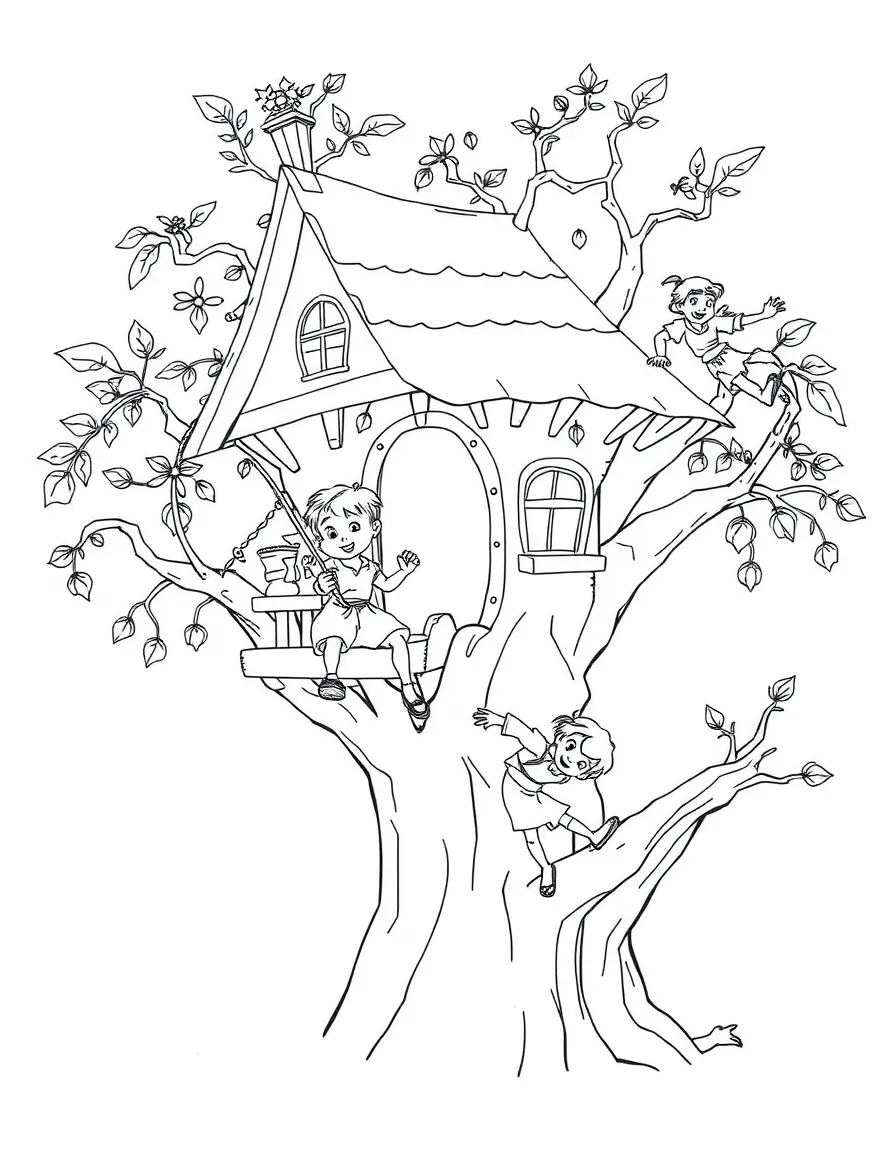 Peter Pan, Wendy, and the Lost Boys playing in a treehouse.