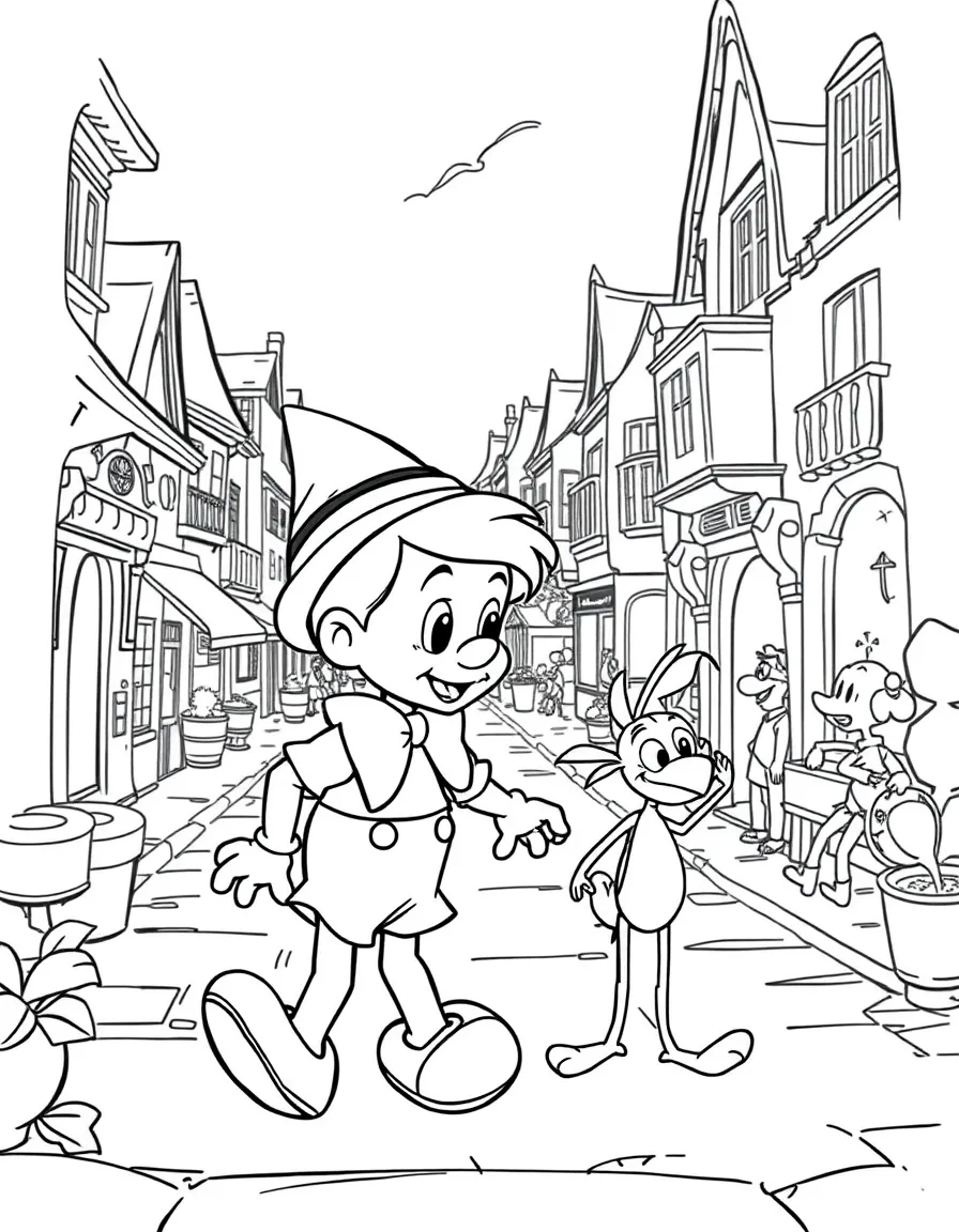 Pinocchio and Jiminy Cricket walking through a bustling town.