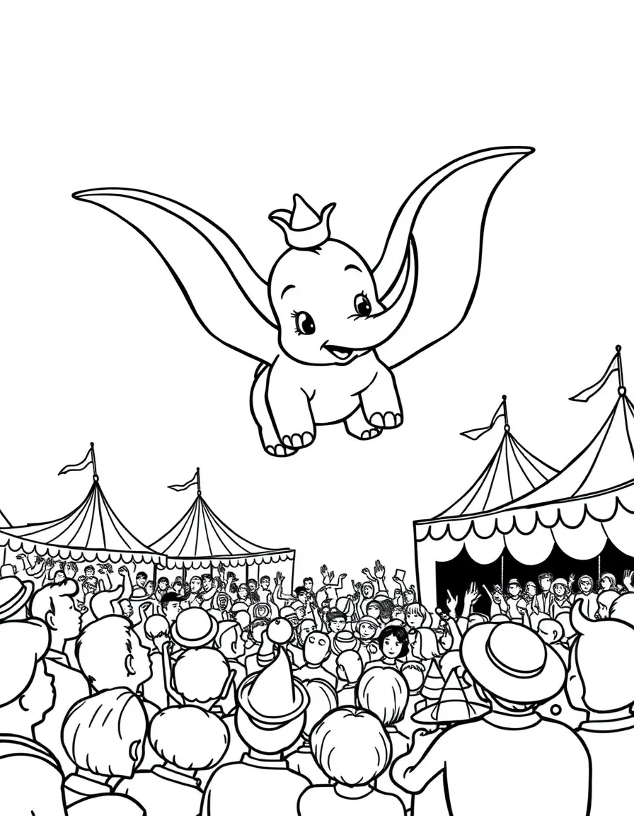 Dumbo flying above the circus crowd, looking triumphant.