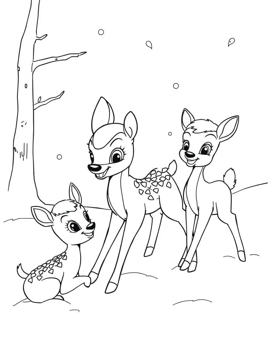 Bambi and his friends playing in the snow, with happy faces.