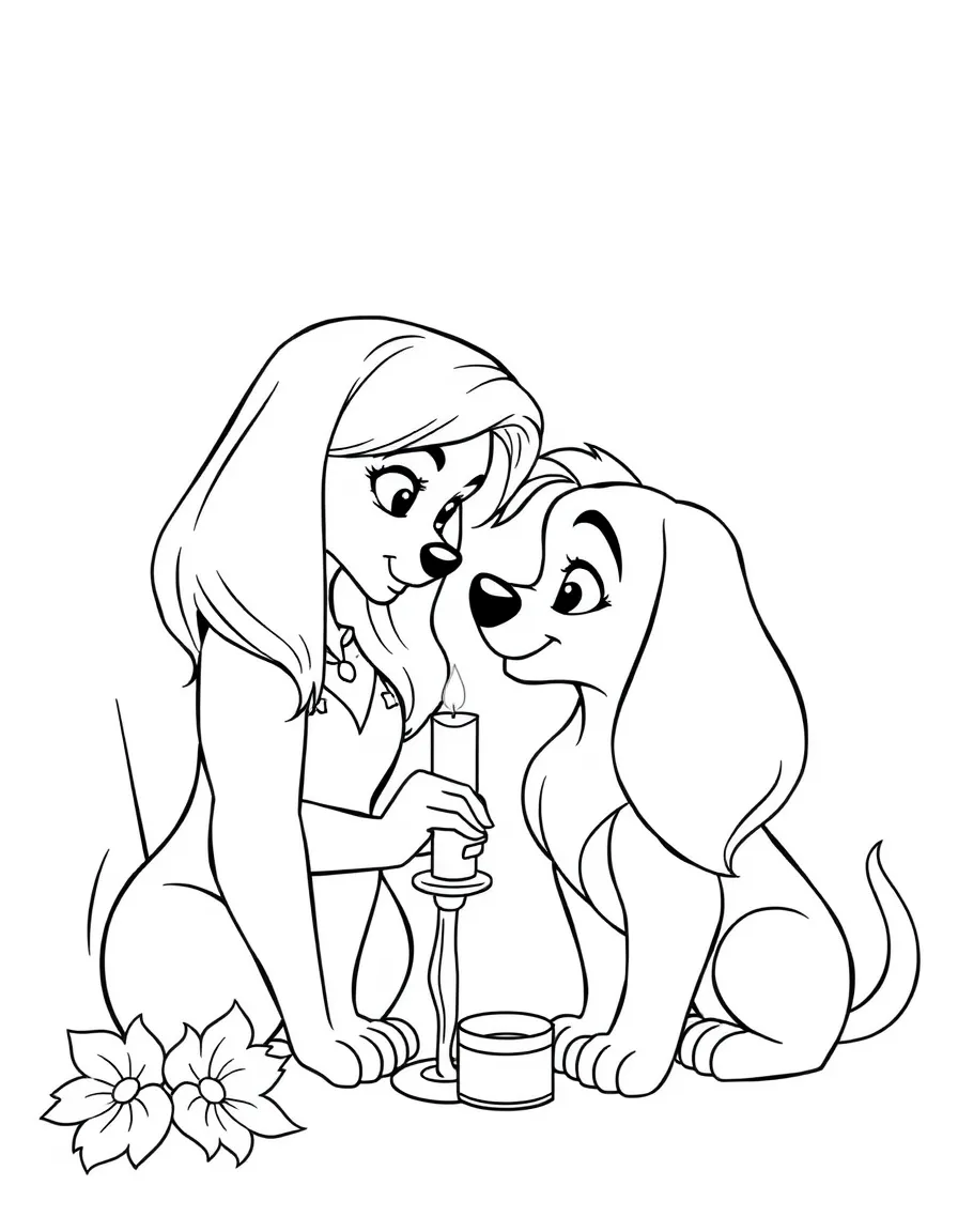 Lady and Tramp looking at each other romantically, with a candle.