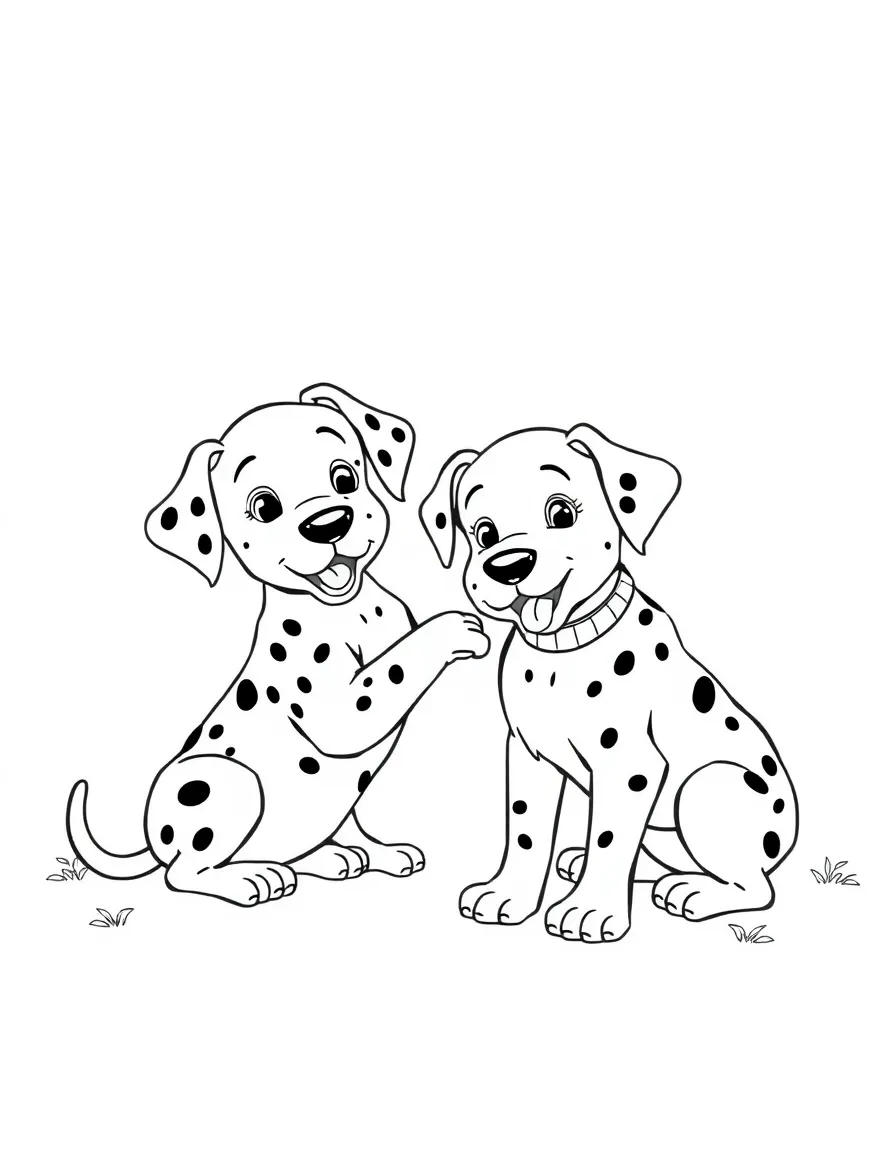 The Dalmatian puppies playing with Roger and Anita.