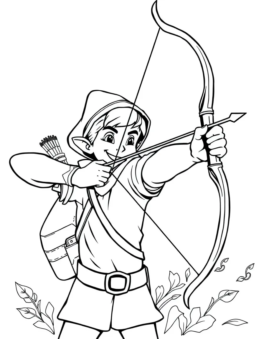 Robin Hood aiming his bow, with a confident smile.