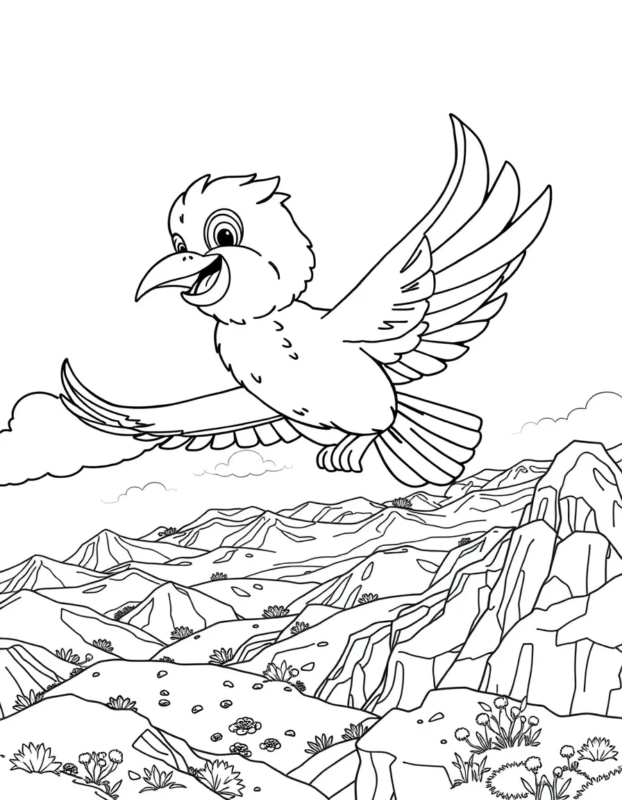 Cody flying with Marahute, with a vast landscape below.