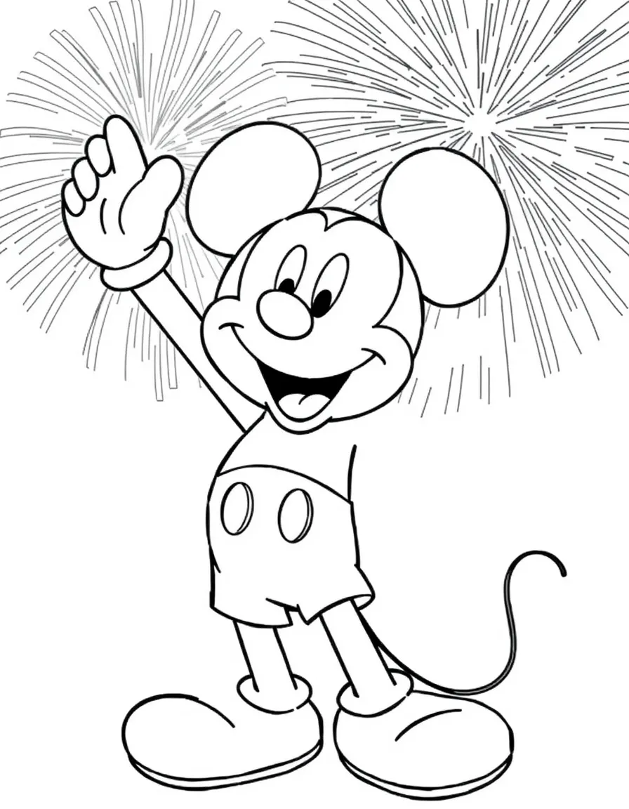 Mickey Mouse celebrating with fireworks behind him.