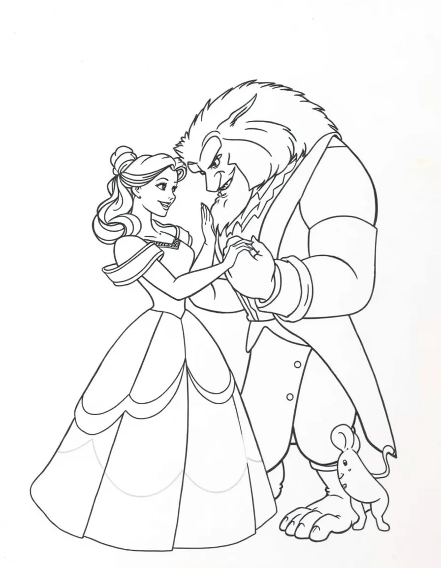 Belle and the Beast sharing a dance, with Chip watching.