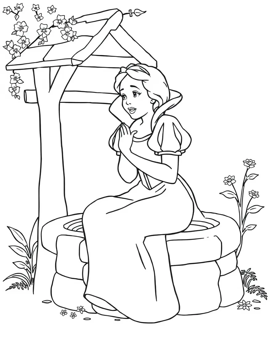 Snow White sitting by a well, singing a song.