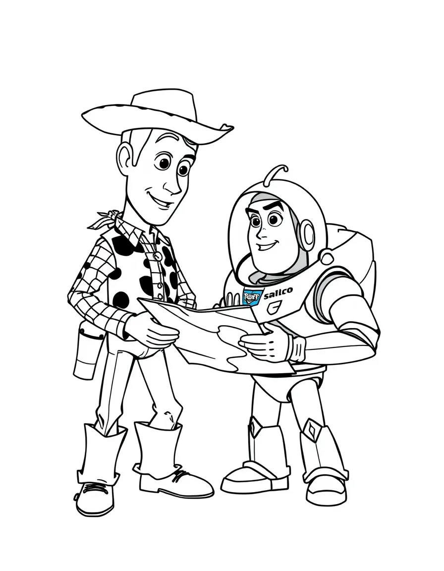 Woody and Buzz looking at a map, planning an adventure.