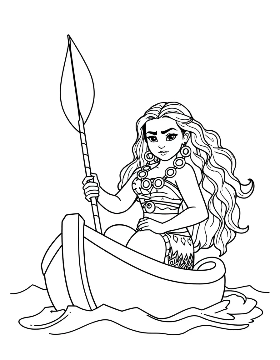 Moana sailing, with a determined expression, and the ocean reflecting her.