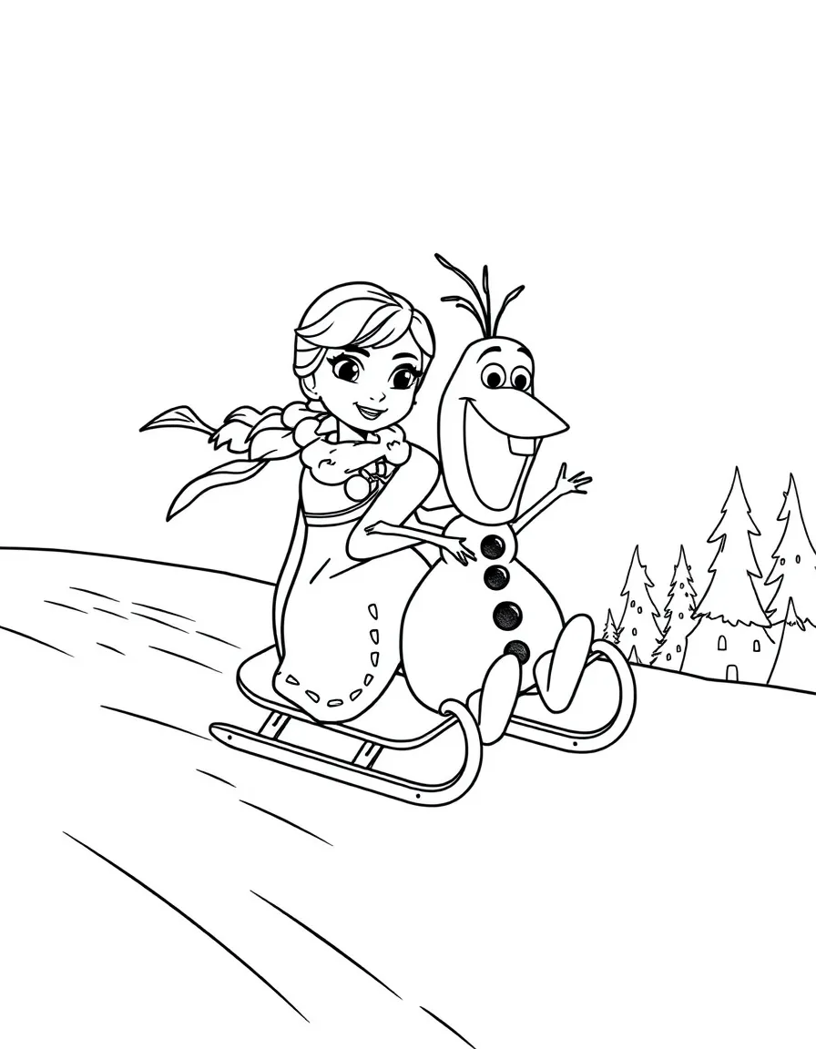 Anna and Olaf sliding down a hill on a sled.