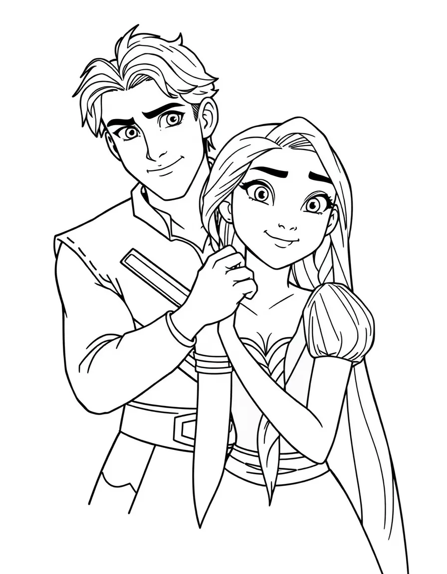 Rapunzel braiding Flynn Rider's hair, with a smirk.