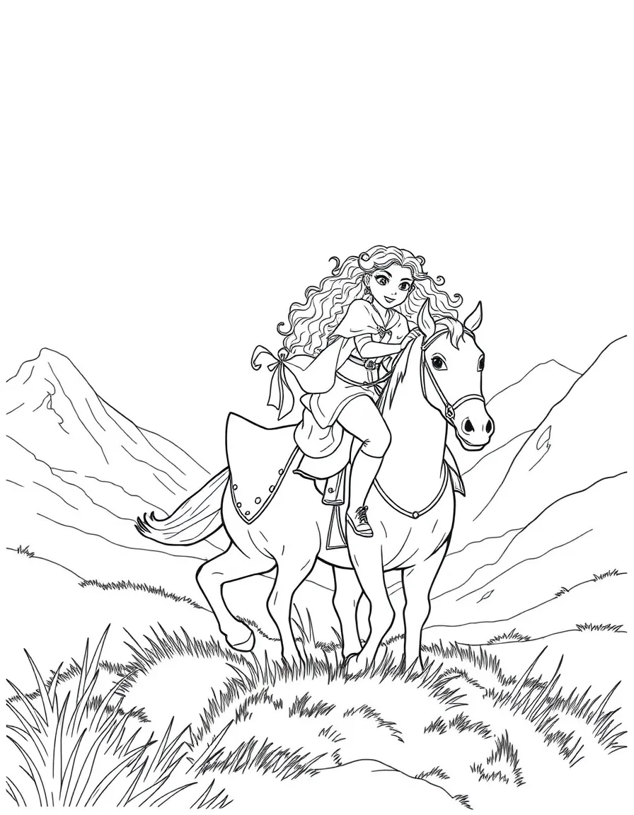 Merida riding Angus through the misty hills.