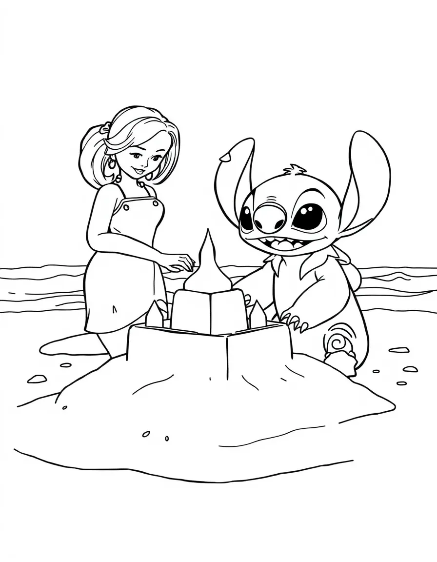 Lilo and Stitch building a huge sandcastle on the beach, with waves.