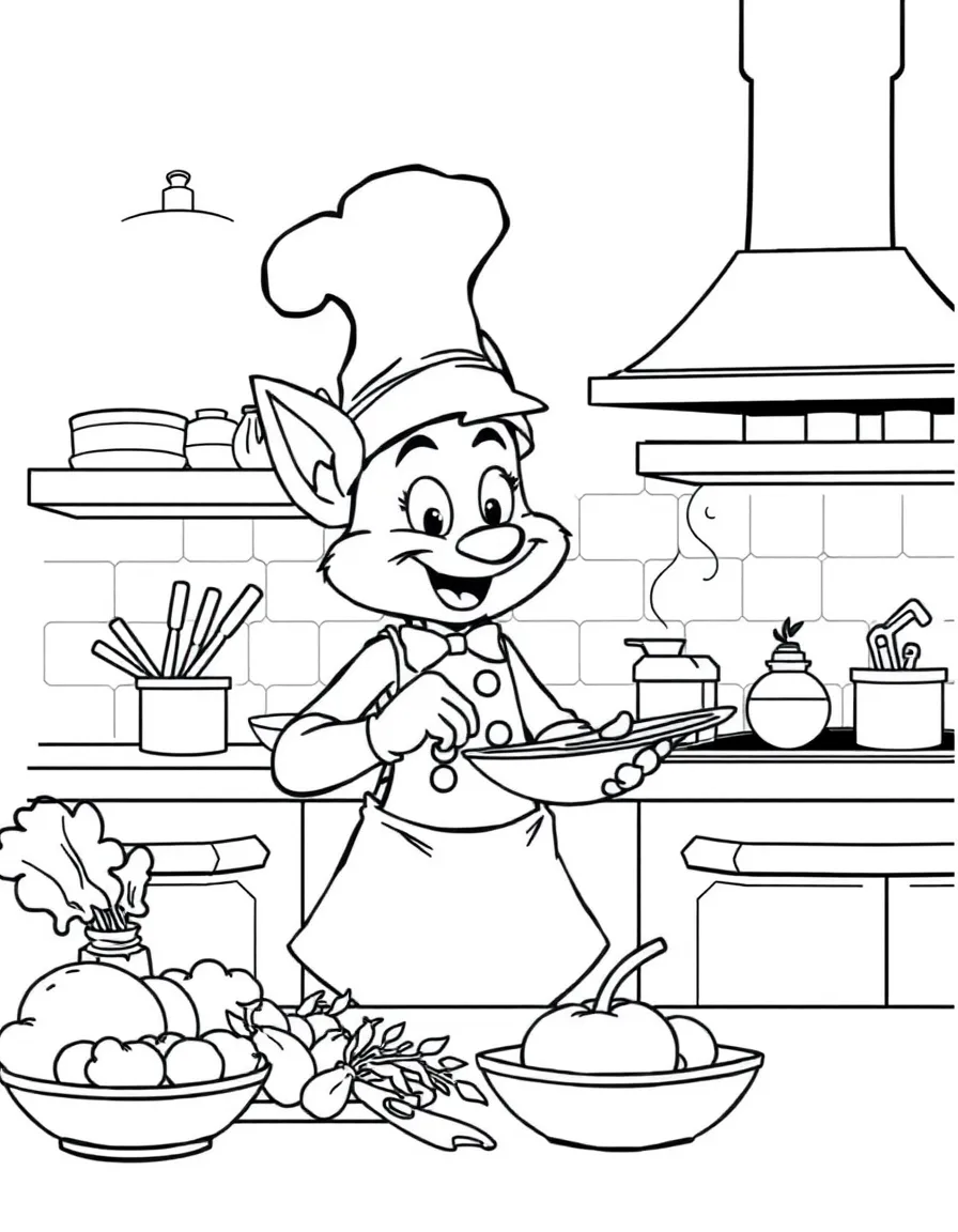 Remy cooking in a fancy kitchen, with all his ingredients.
