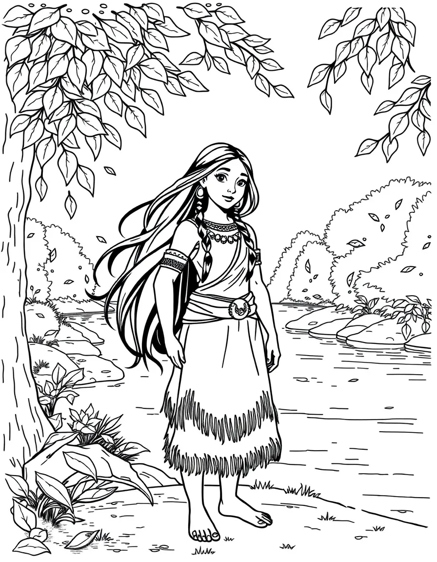 Pocahontas standing by a river, with the leaves blowing around her.
