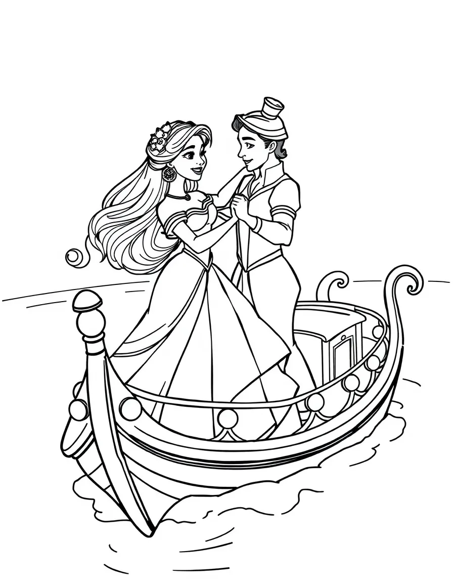 Tiana and Naveen dancing on a steamboat, with lights.