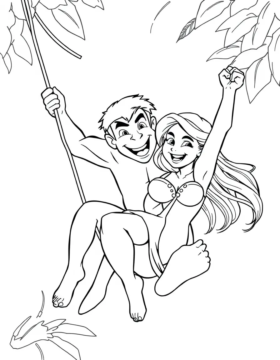 Tarzan swinging with Jane, with a big smile.