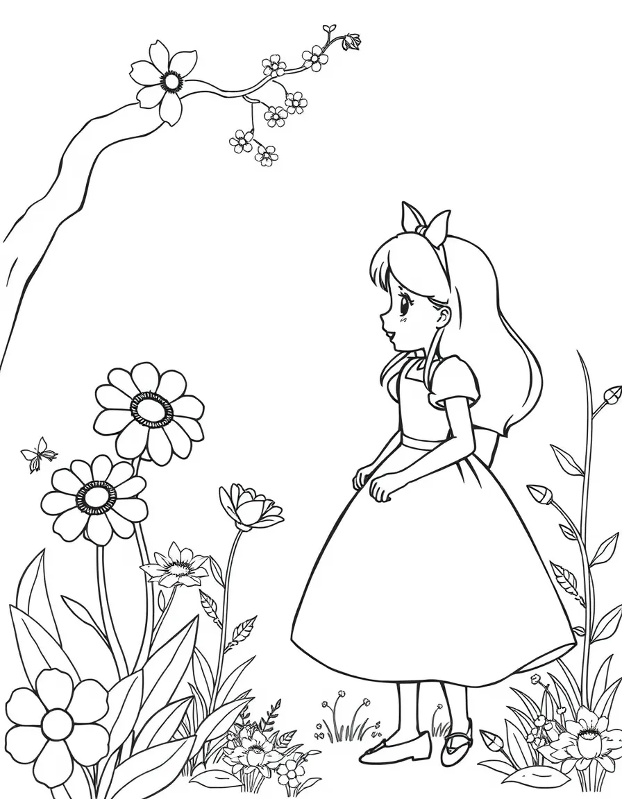 Alice talking to the talking flowers, looking surprised.
