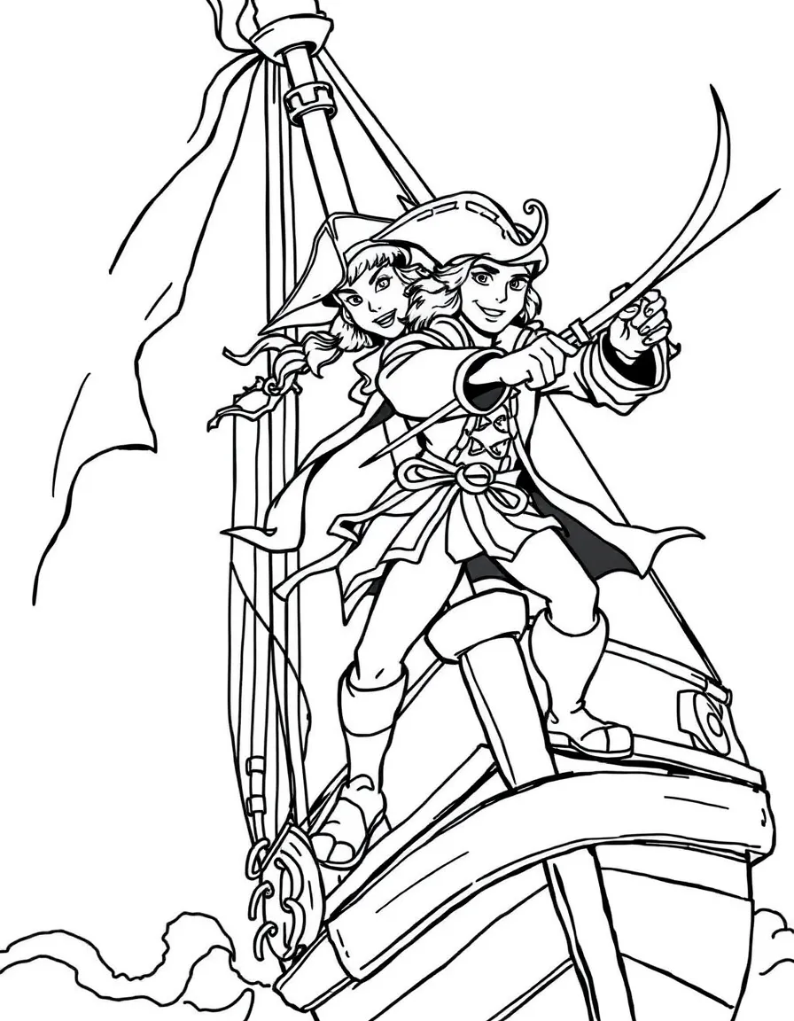 Peter Pan and Captain Hook sword fighting on the Jolly Roger.
