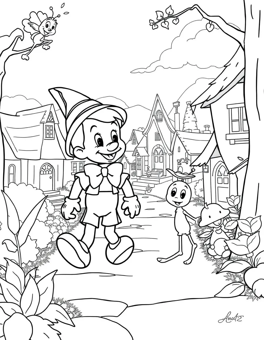 Pinocchio and Jiminy Cricket walking through a happy village.