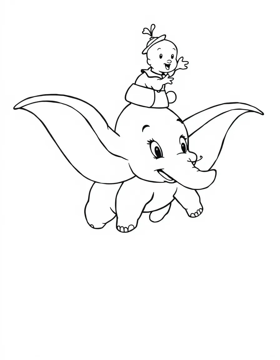 Dumbo flying with Timothy on his hat, looking confident.