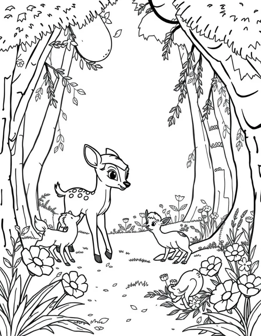 Bambi and his friends playing in the forest, with flowers.
