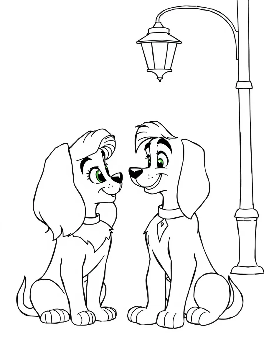 Lady and Tramp looking at each other under a street light.
