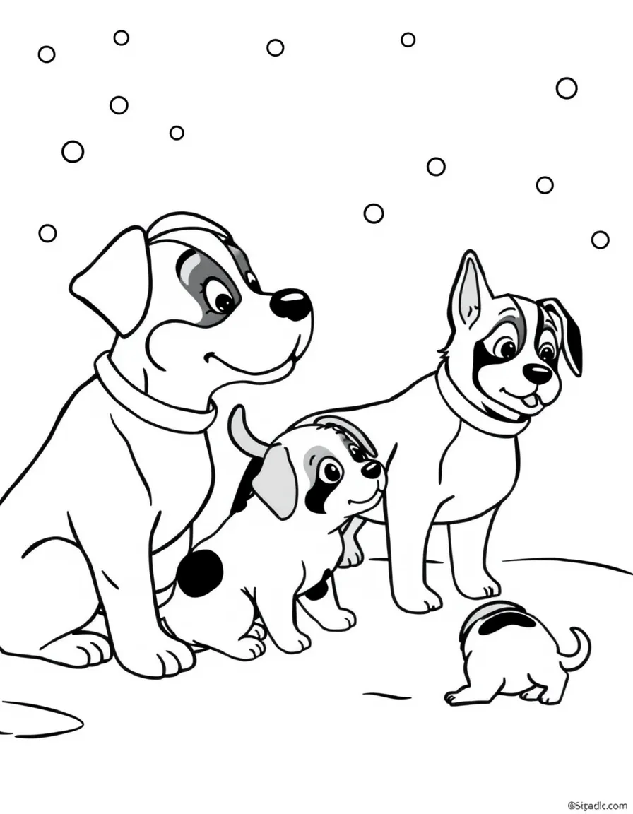 Pongo and Perdita looking for their puppies in the snow.